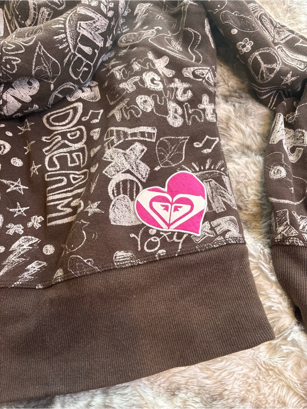 Rare Vintage Y2K Roxy Brown Graphic Zip Hoodie with Pink Drawstrings - Picture 7 of 10
